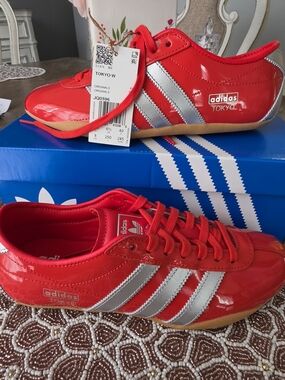 adidas Red Patent Leather Tokyo Sneakers with Silver Stripes